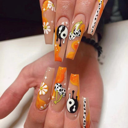 Black Comic Hand Drawn Pattern Wearable Nail Art Glossy Purple Long Ballet Detachable Finished False Nails Press on Nails