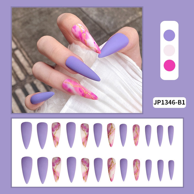 Black Comic Hand Drawn Pattern Wearable Nail Art Glossy Purple Long Ballet Detachable Finished False Nails Press on Nails