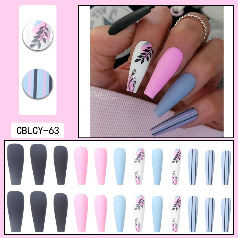 Black Comic Hand Drawn Pattern Wearable Nail Art Glossy Purple Long Ballet Detachable Finished False Nails Press on Nails