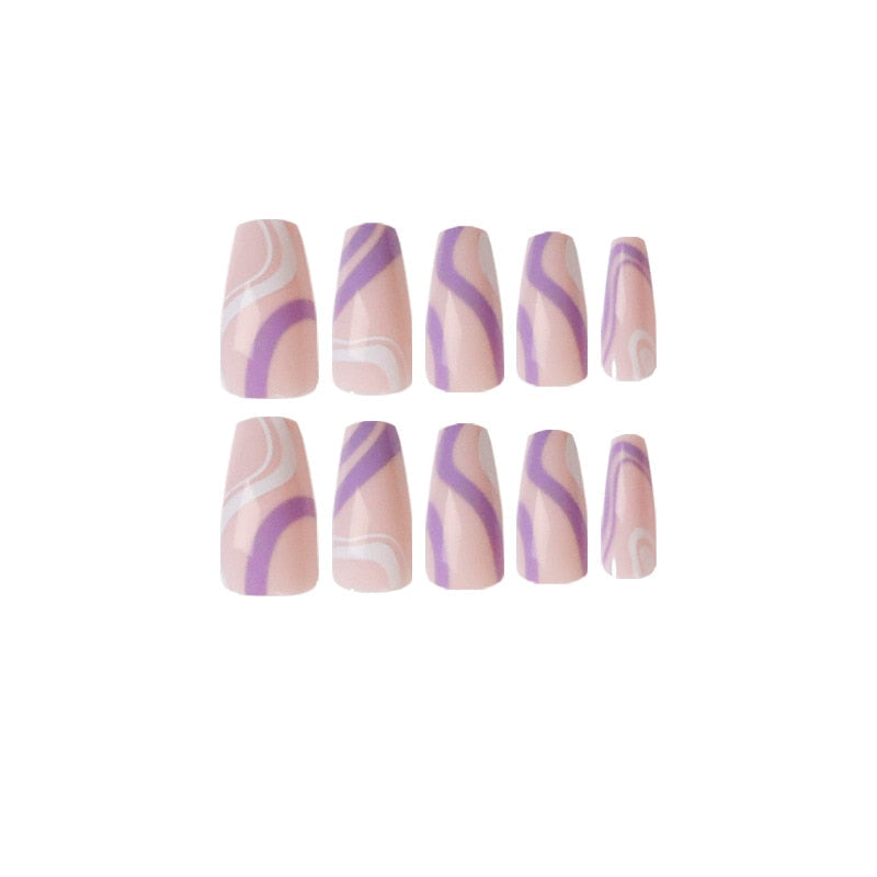 Black Comic Hand Drawn Pattern Wearable Nail Art Glossy Purple Long Ballet Detachable Finished False Nails Press on Nails