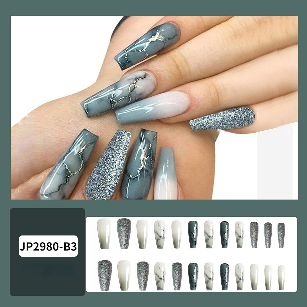 Black Comic Hand Drawn Pattern Wearable Nail Art Glossy Purple Long Ballet Detachable Finished False Nails Press on Nails