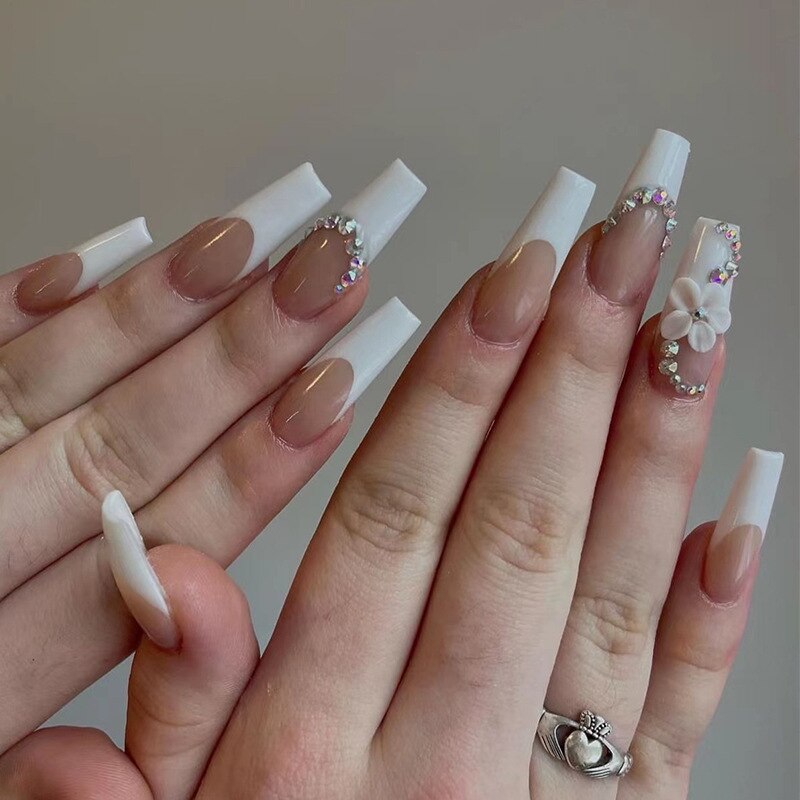 Black White French Stars Rhinestone Wearable Long Ballet Fake Nails Full Cover Finished False Nails Press on Nails with Glue