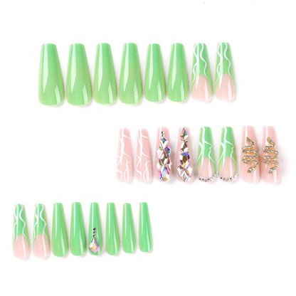 Black White French Stars Rhinestone Wearable Long Ballet Fake Nails Full Cover Finished False Nails Press on Nails with Glue