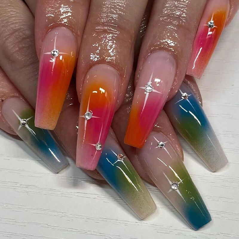 Black White French Stars Rhinestone Wearable Long Ballet Fake Nails Full Cover Finished False Nails Press on Nails with Glue