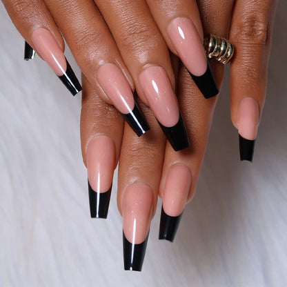 Black White French Stars Rhinestone Wearable Long Ballet Fake Nails Full Cover Finished False Nails Press on Nails with Glue