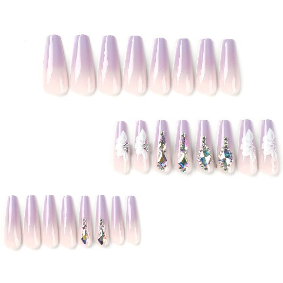 Black White French Stars Rhinestone Wearable Long Ballet Fake Nails Full Cover Finished False Nails Press on Nails with Glue