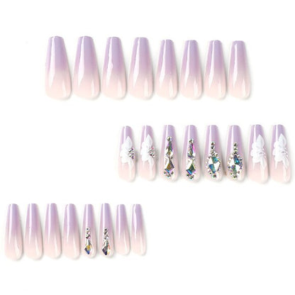 Black White French Stars Rhinestone Wearable Long Ballet Fake Nails Full Cover Finished False Nails Press on Nails with Glue