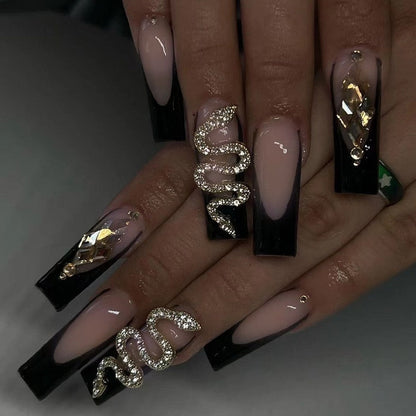 Black White French Stars Rhinestone Wearable Long Ballet Fake Nails Full Cover Finished False Nails Press on Nails with Glue