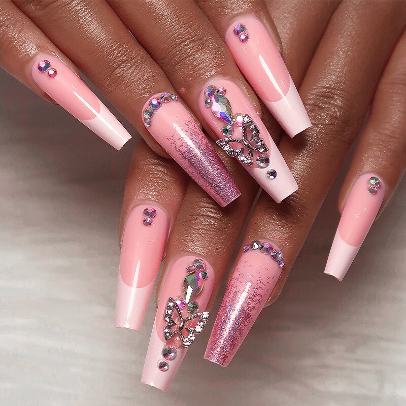 Black White French Stars Rhinestone Wearable Long Ballet Fake Nails Full Cover Finished False Nails Press on Nails with Glue