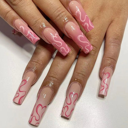 Black White French Stars Rhinestone Wearable Long Ballet Fake Nails Full Cover Finished False Nails Press on Nails with Glue