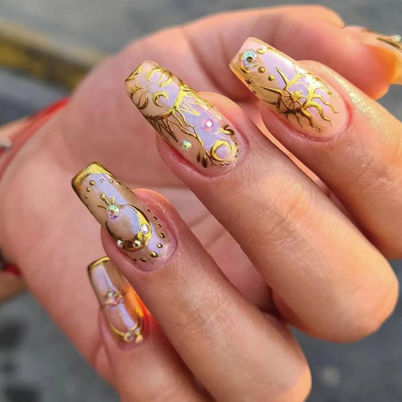 Blue Glitter Powder Waves Design Wearable Nail Art Glossy Fake Nails Short Ballet Finished False Nails Press on Nails with Glue