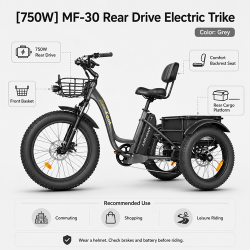 MF-30 750W Rear-Drive Fat Tire Electric Trike with Comfort Backrest & Dual Cargo Storage