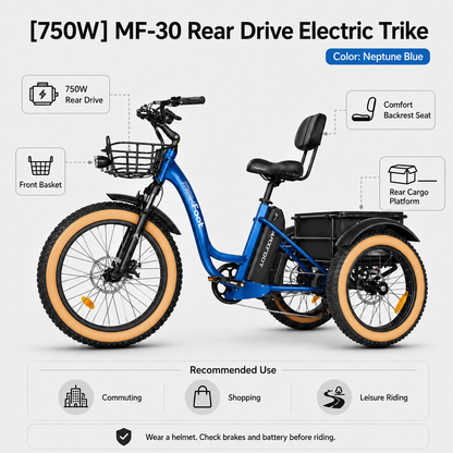 MF-30 750W Rear-Drive Fat Tire Electric Trike with Comfort Backrest & Dual Cargo Storage