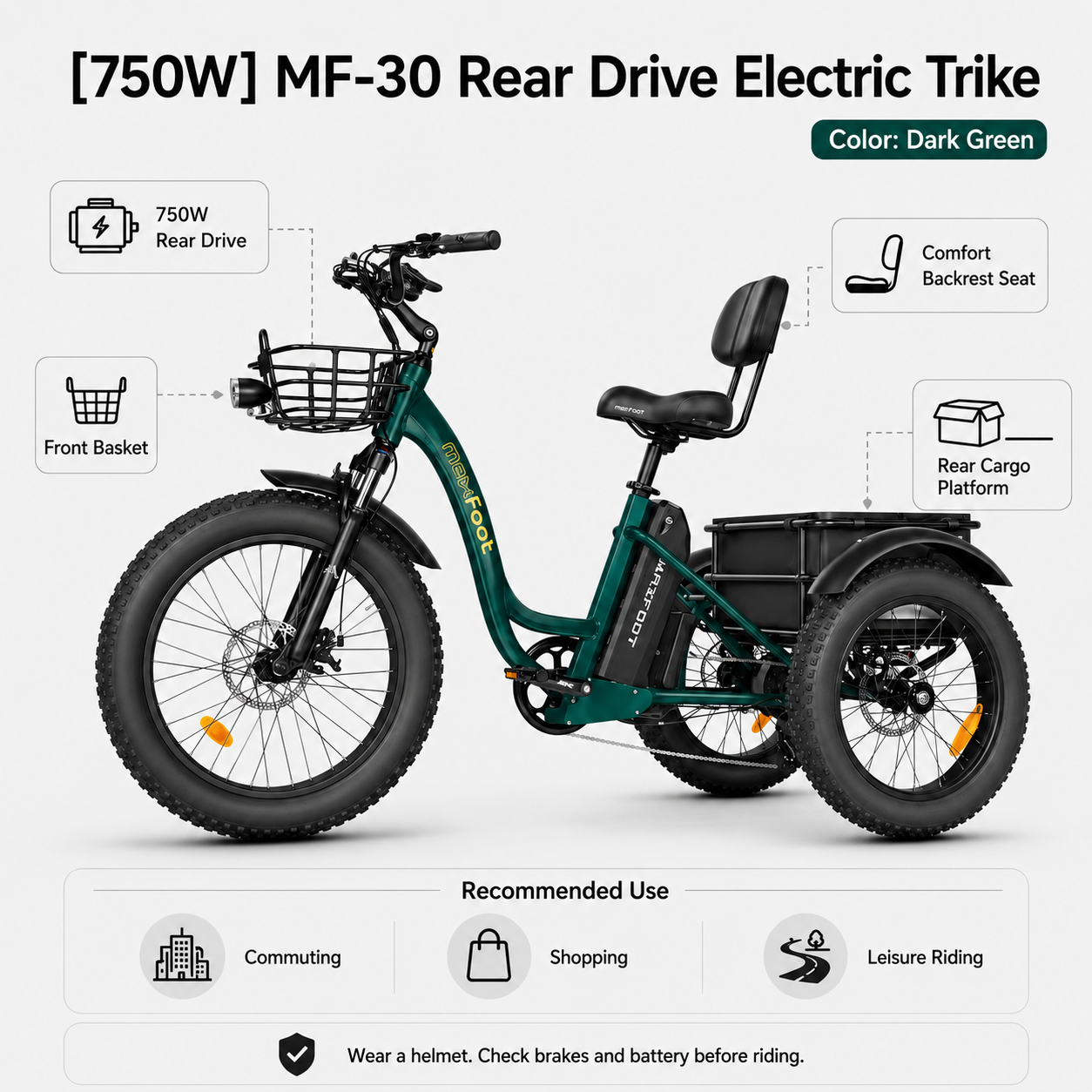 MF-30 750W Rear-Drive Fat Tire Electric Trike with Comfort Backrest & Dual Cargo Storage