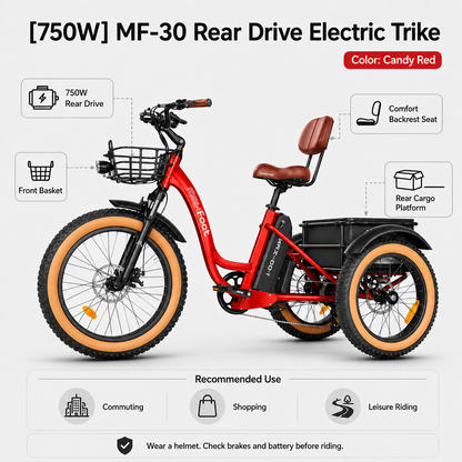 MF-30 750W Rear-Drive Fat Tire Electric Trike with Comfort Backrest & Dual Cargo Storage
