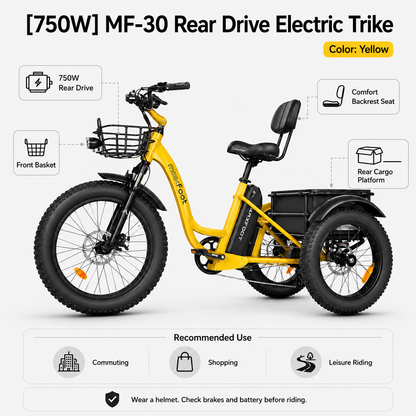 MF-30 750W Rear-Drive Fat Tire Electric Trike with Comfort Backrest & Dual Cargo Storage