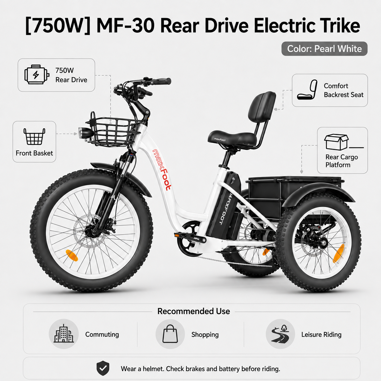 MF-30 750W Rear-Drive Fat Tire Electric Trike with Comfort Backrest & Dual Cargo Storage