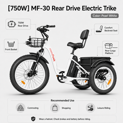 MF-30 750W Rear-Drive Fat Tire Electric Trike with Comfort Backrest & Dual Cargo Storage