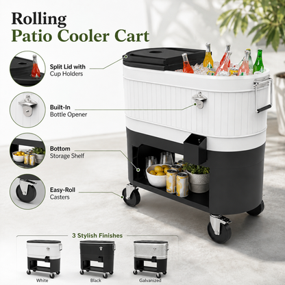 Large-Capacity Rolling Patio Cooler Cart with Split Lid, Cup Holders & Storage Shelf