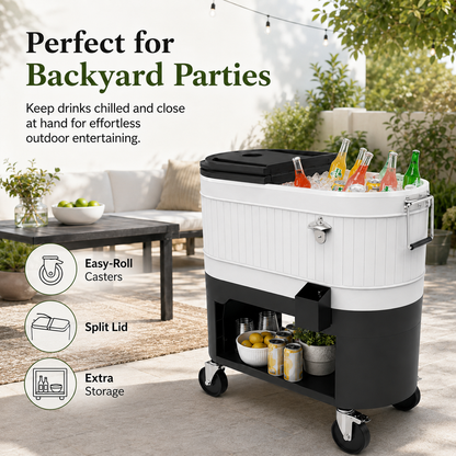 Large-Capacity Rolling Patio Cooler Cart with Split Lid, Cup Holders & Storage Shelf