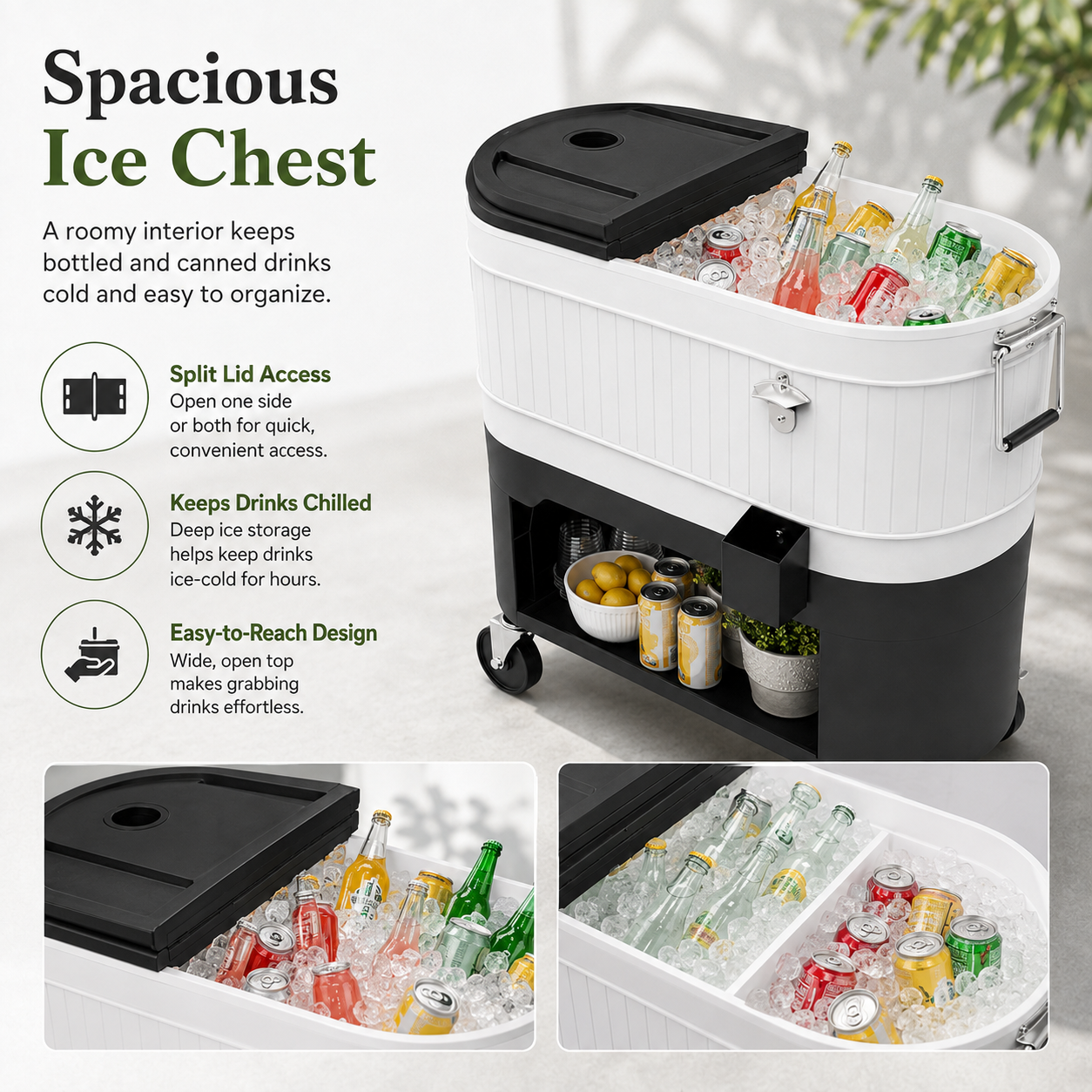 Large-Capacity Rolling Patio Cooler Cart with Split Lid, Cup Holders & Storage Shelf