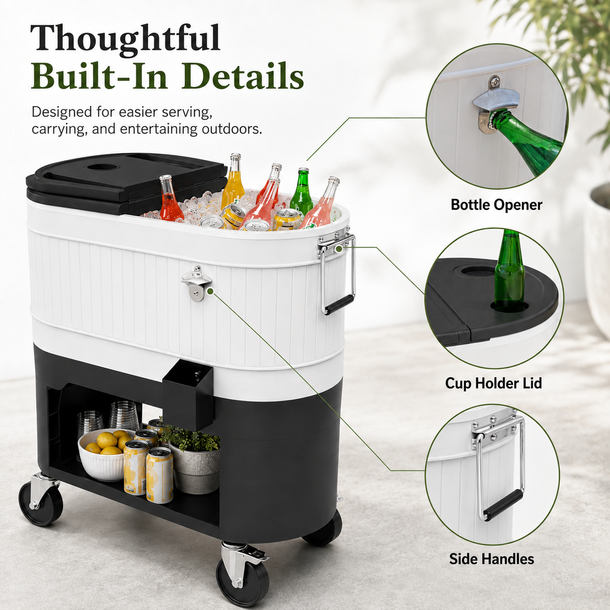 Large-Capacity Rolling Patio Cooler Cart with Split Lid, Cup Holders & Storage Shelf