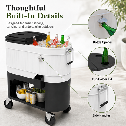 Large-Capacity Rolling Patio Cooler Cart with Split Lid, Cup Holders & Storage Shelf