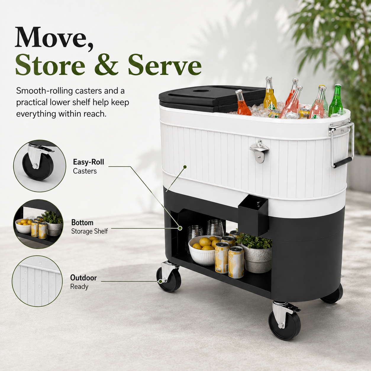 Large-Capacity Rolling Patio Cooler Cart with Split Lid, Cup Holders & Storage Shelf