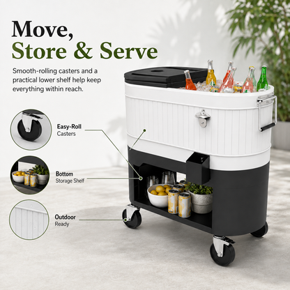 Large-Capacity Rolling Patio Cooler Cart with Split Lid, Cup Holders & Storage Shelf