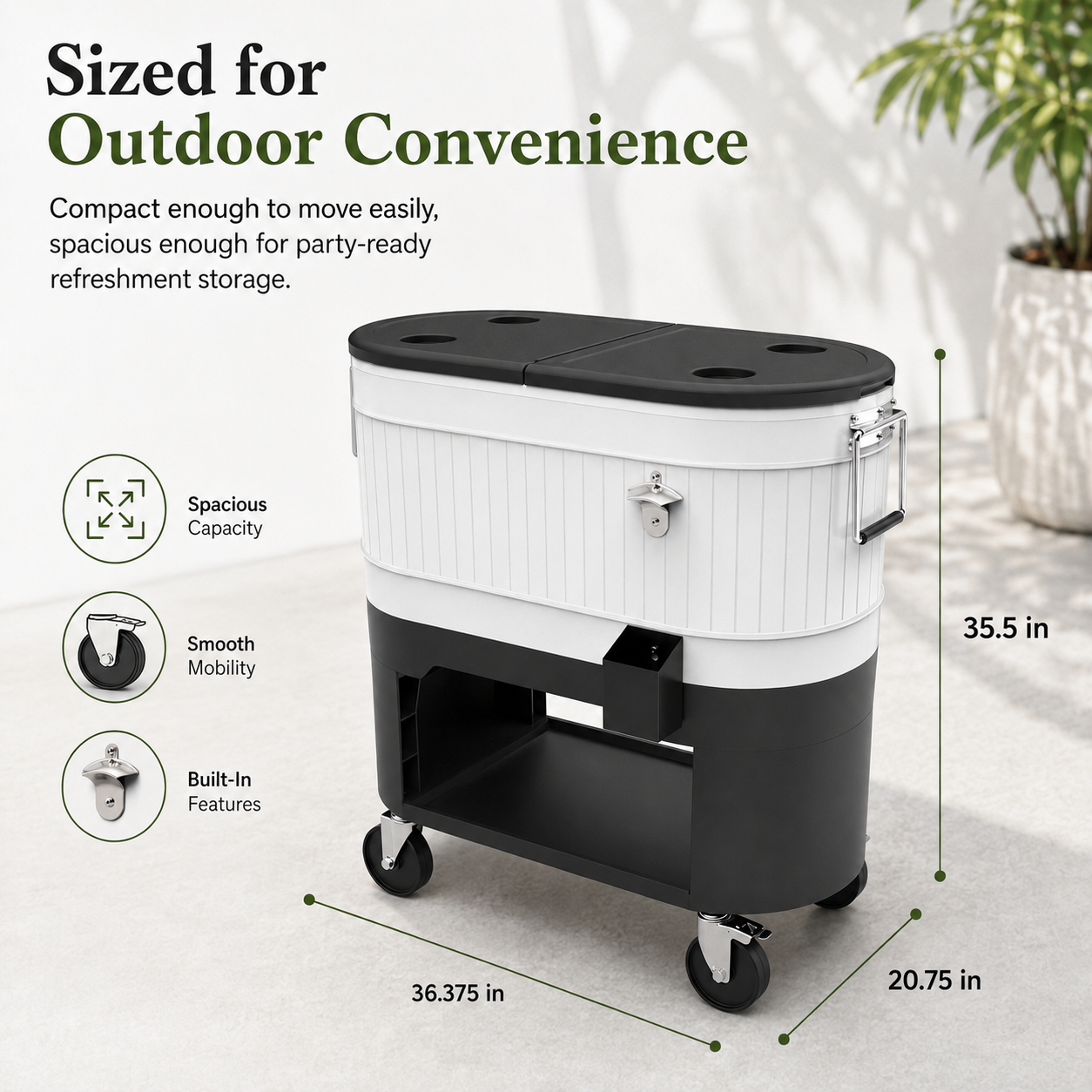 Large-Capacity Rolling Patio Cooler Cart with Split Lid, Cup Holders & Storage Shelf