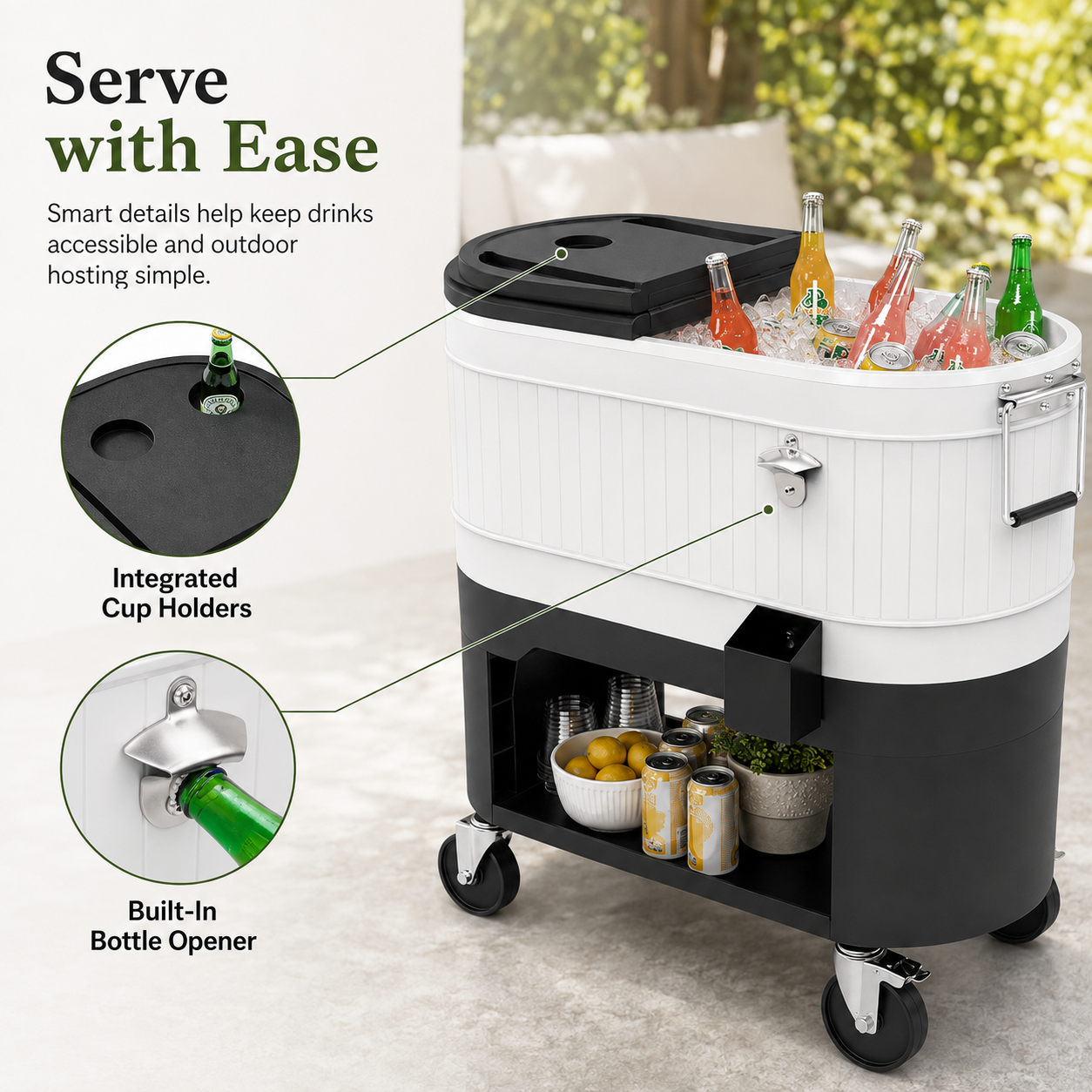 Large-Capacity Rolling Patio Cooler Cart with Split Lid, Cup Holders & Storage Shelf