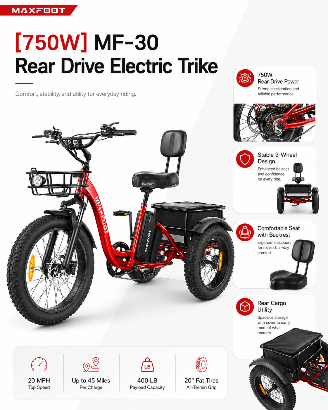 MF-30 750W Rear-Drive Fat Tire Electric Trike with Comfort Backrest & Dual Cargo Storage