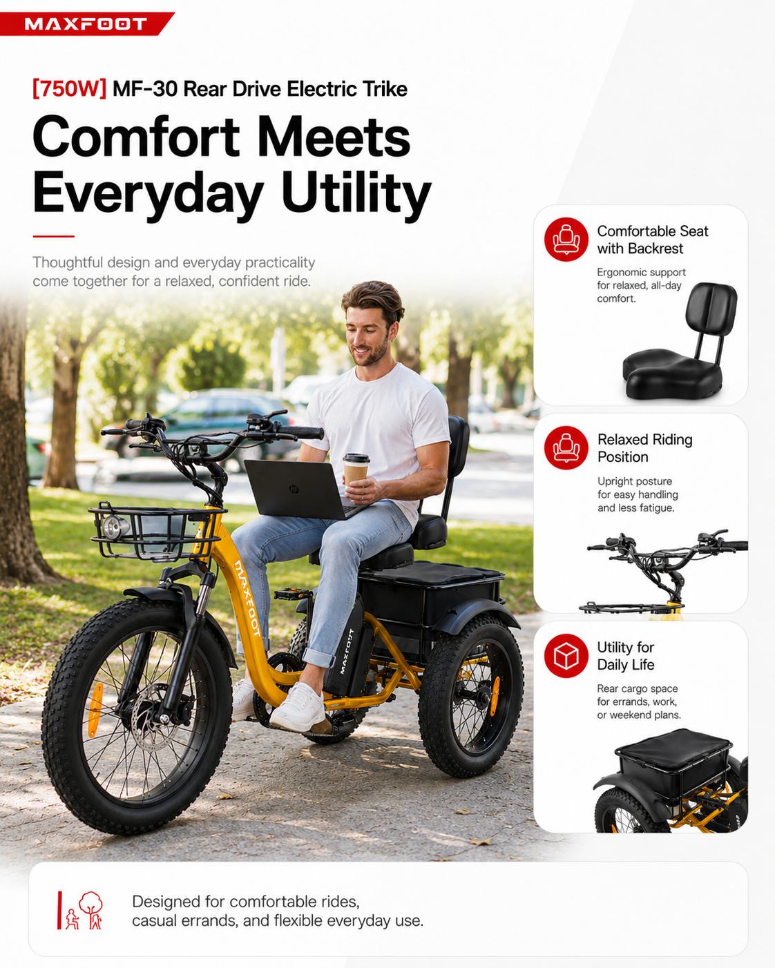 MF-30 750W Rear-Drive Fat Tire Electric Trike with Comfort Backrest & Dual Cargo Storage