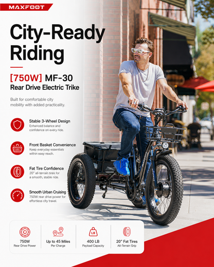 MF-30 750W Rear-Drive Fat Tire Electric Trike with Comfort Backrest & Dual Cargo Storage