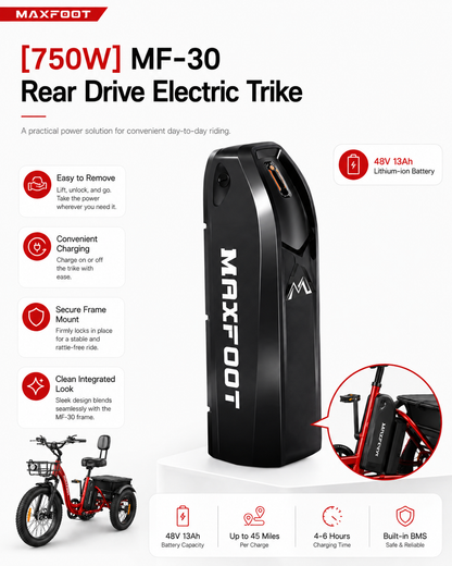 MF-30 750W Rear-Drive Fat Tire Electric Trike with Comfort Backrest & Dual Cargo Storage