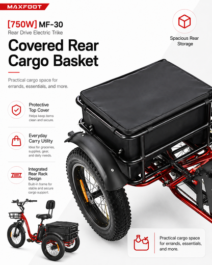MF-30 750W Rear-Drive Fat Tire Electric Trike with Comfort Backrest & Dual Cargo Storage
