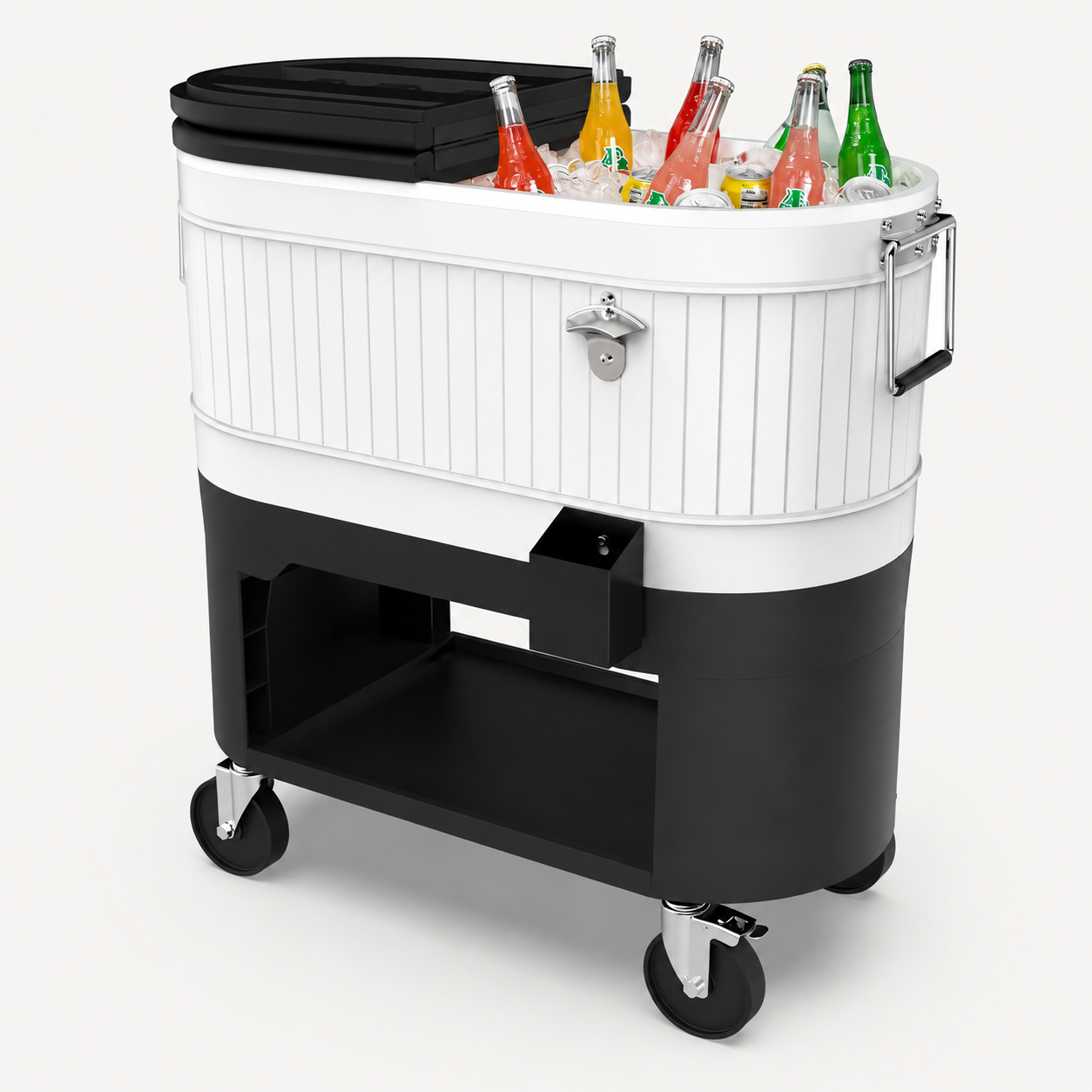 Large-Capacity Rolling Patio Cooler Cart with Split Lid, Cup Holders & Storage Shelf