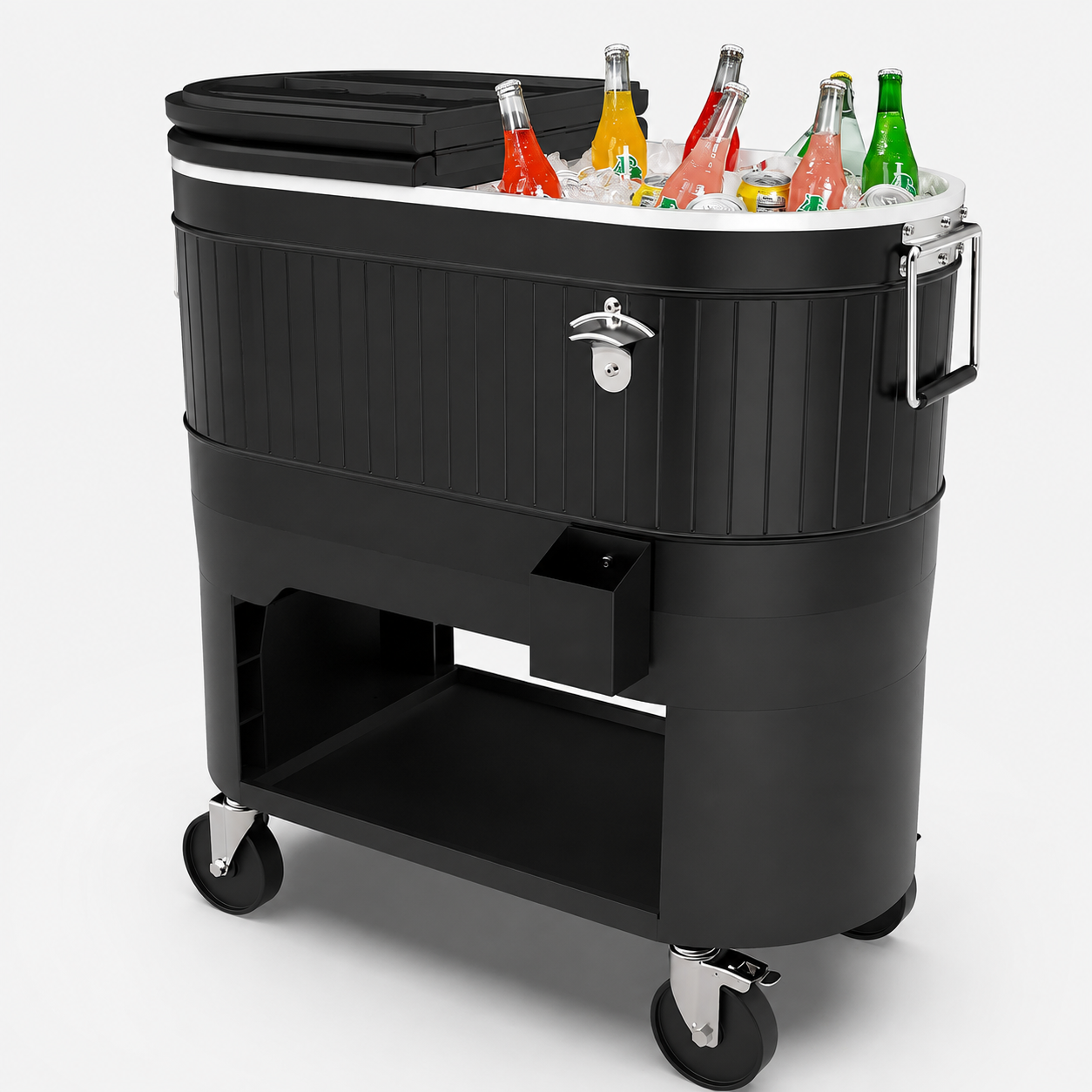 Large-Capacity Rolling Patio Cooler Cart with Split Lid, Cup Holders & Storage Shelf
