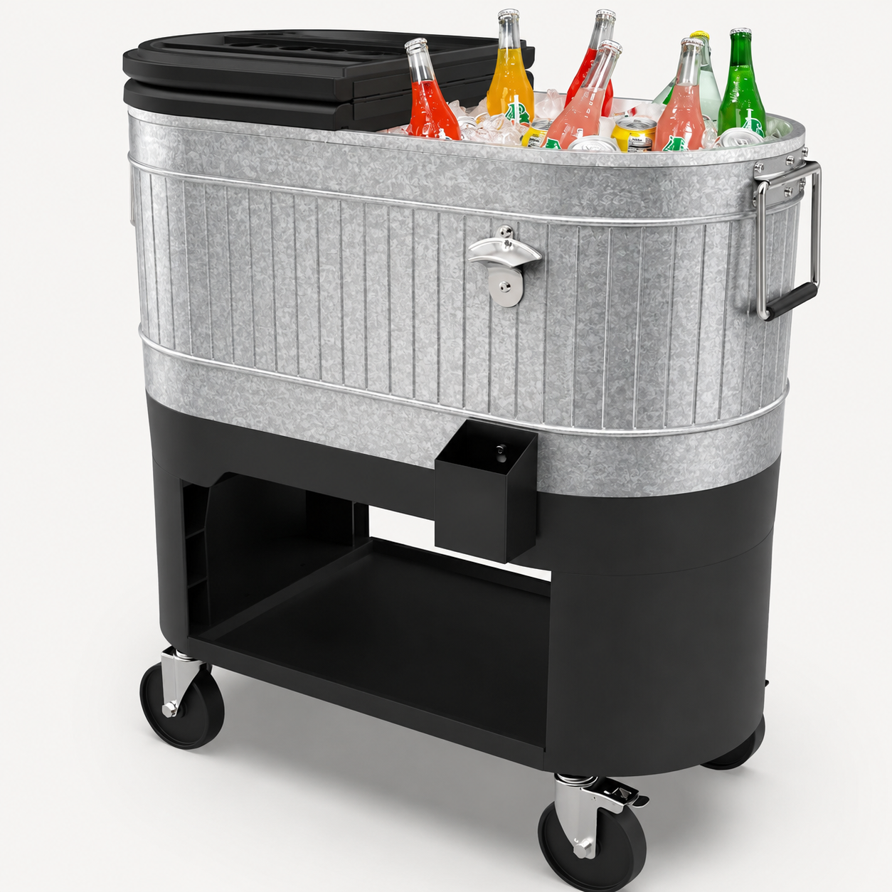 Large-Capacity Rolling Patio Cooler Cart with Split Lid, Cup Holders & Storage Shelf