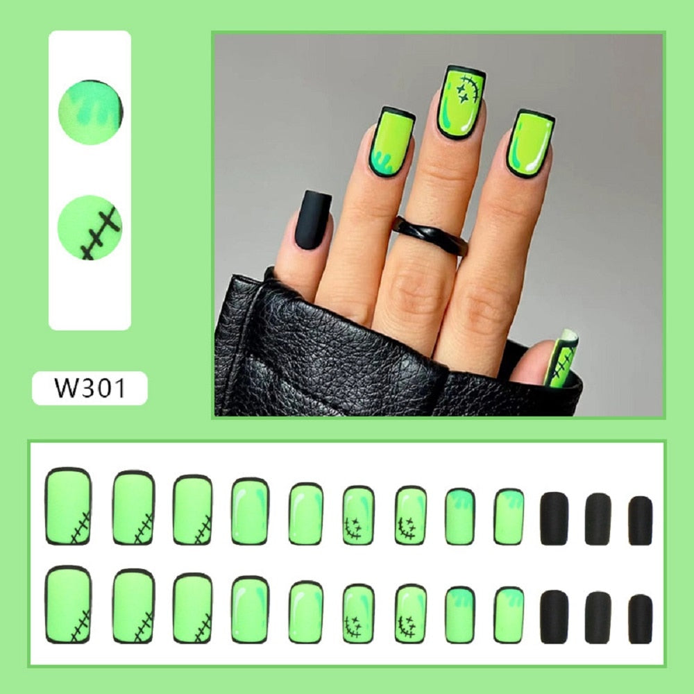 Comic Style False Nails for ACGN Girls 24pcs Coffin y2k Style Press on Nail Tips Full Cover Wearable Short Square Acrylic Nails