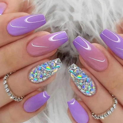 Detachable Manicure Wearable Nail Art Press On Nails purple Glitter French False Nails Long Coffin Fake Nails Full Cover Tips