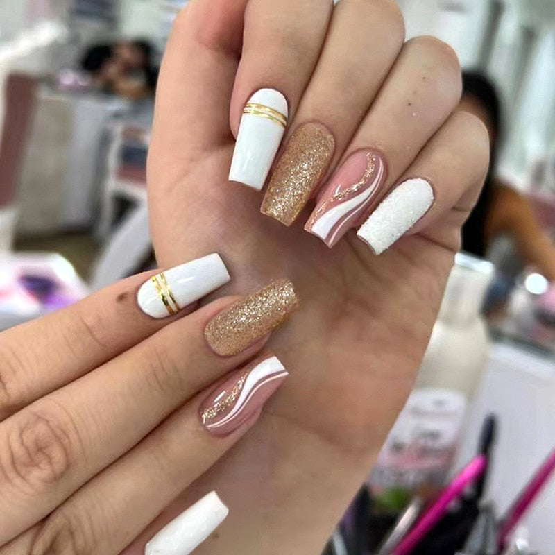 Detachable Manicure Wearable Nail Art Press On Nails purple Glitter French False Nails Long Coffin Fake Nails Full Cover Tips