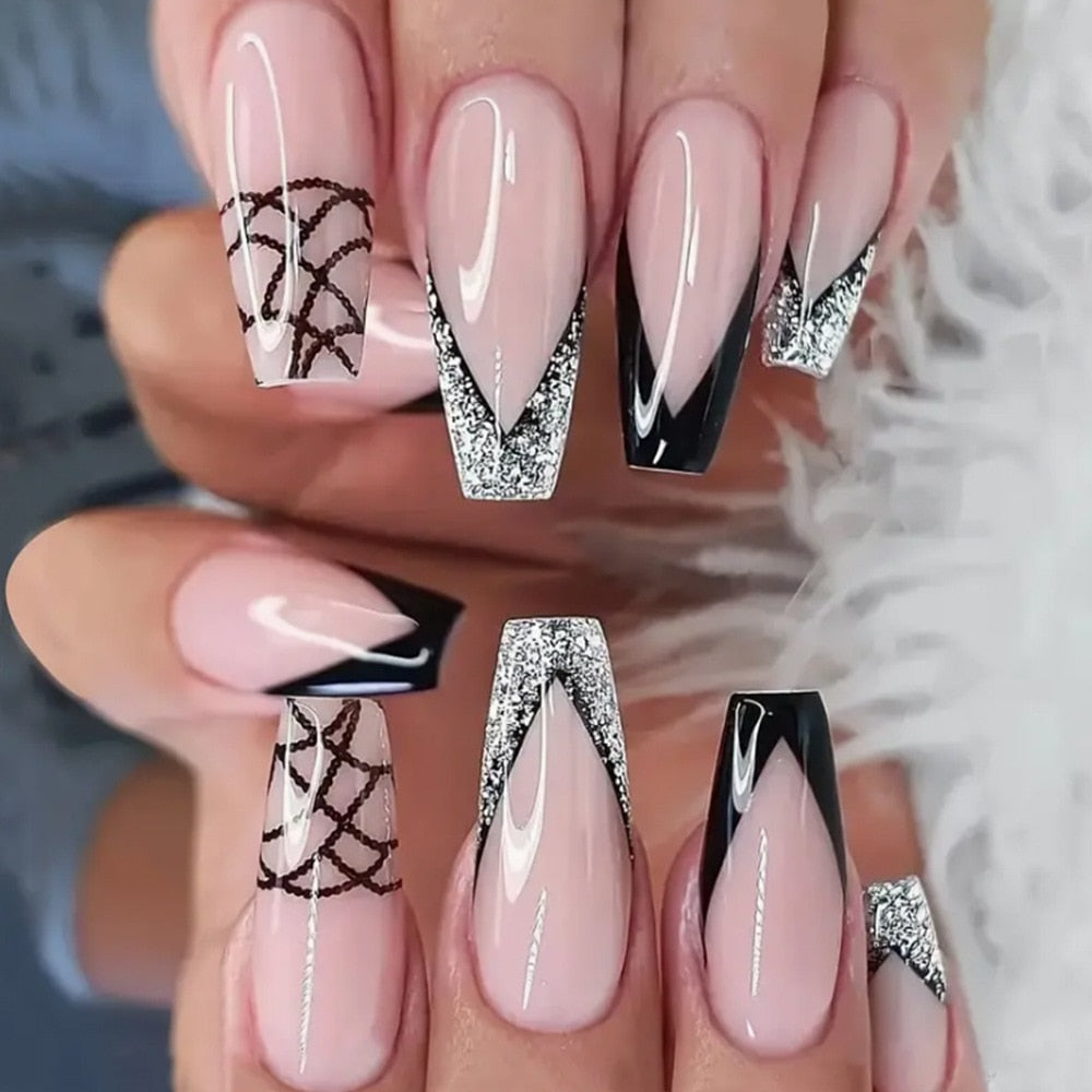 Detachable Manicure Wearable Nail Art Press On Nails purple Glitter French False Nails Long Coffin Fake Nails Full Cover Tips