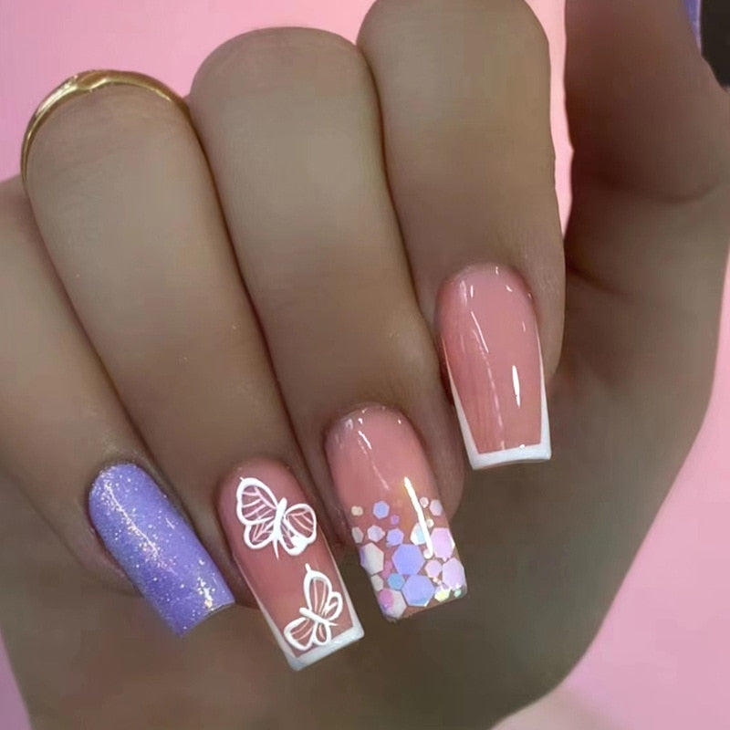Detachable Manicure Wearable Nail Art Press On Nails purple Glitter French False Nails Long Coffin Fake Nails Full Cover Tips