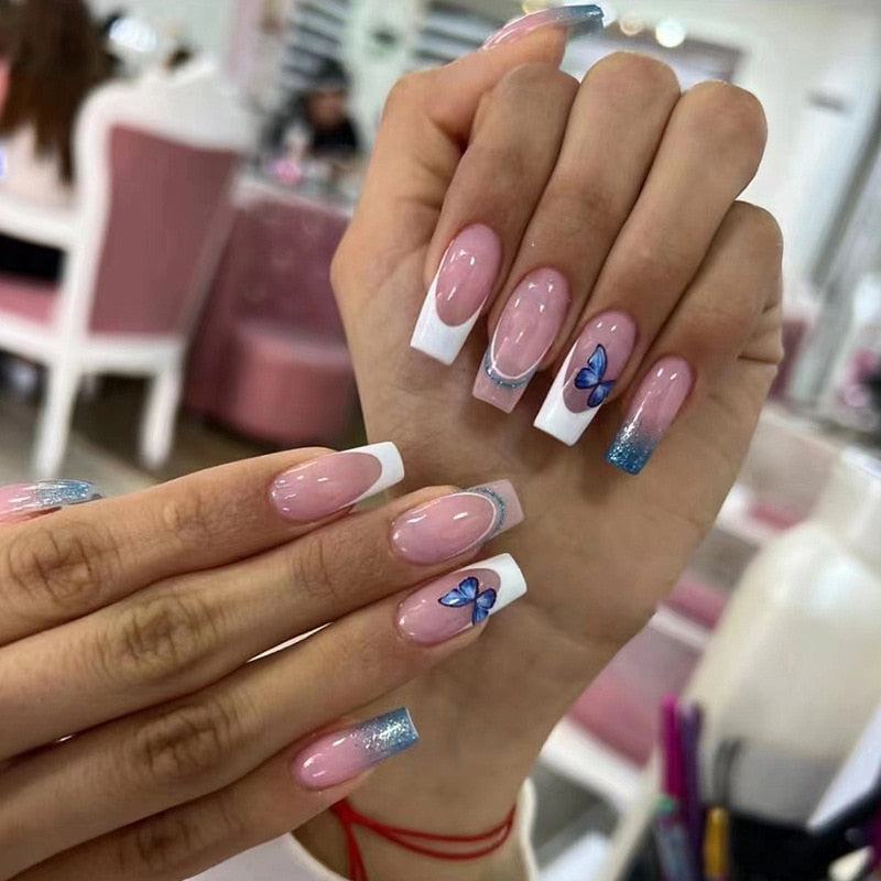 Detachable Manicure Wearable Nail Art Press On Nails purple Glitter French False Nails Long Coffin Fake Nails Full Cover Tips