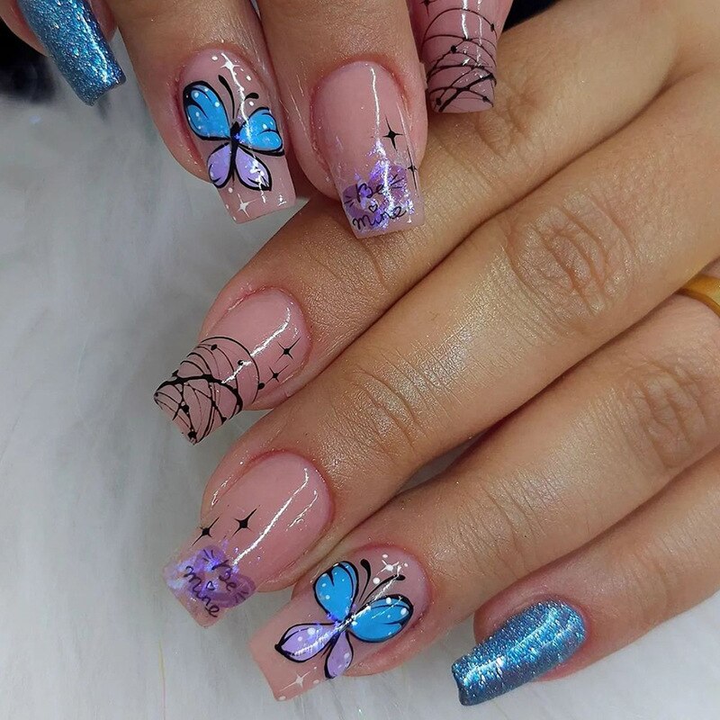 Detachable Manicure Wearable Nail Art Press On Nails purple Glitter French False Nails Long Coffin Fake Nails Full Cover Tips