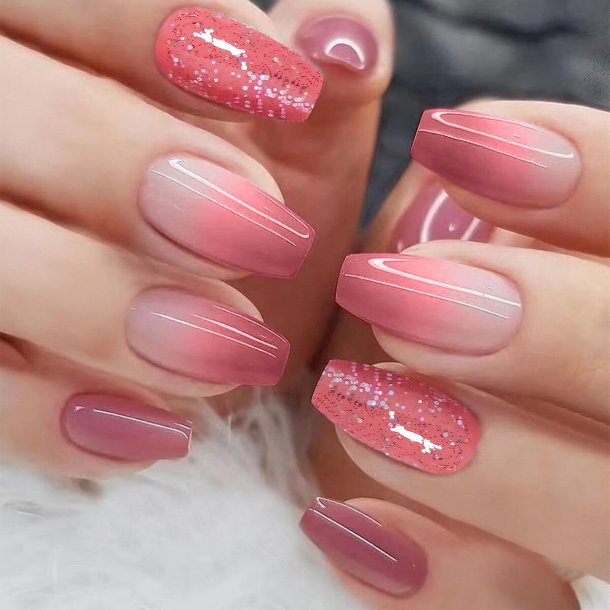 Detachable Manicure Wearable Nail Art Press On Nails purple Glitter French False Nails Long Coffin Fake Nails Full Cover Tips
