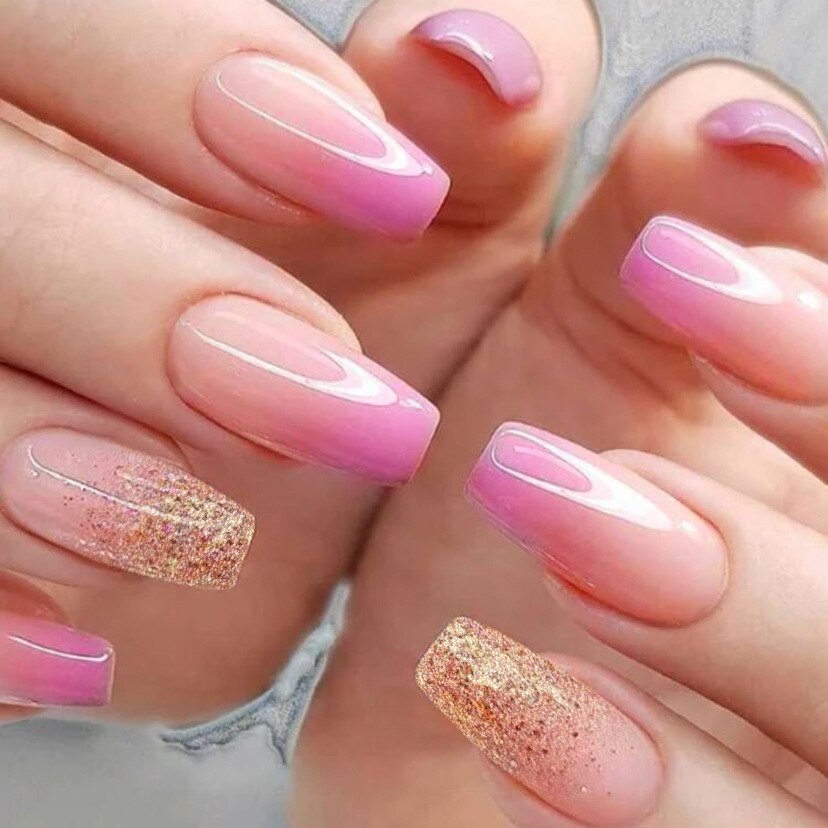Detachable Manicure Wearable Nail Art Press On Nails purple Glitter French False Nails Long Coffin Fake Nails Full Cover Tips