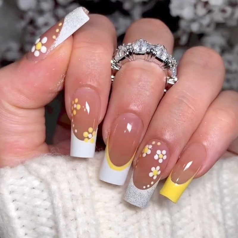 Detachable Manicure Wearable Nail Art Press On Nails purple Glitter French False Nails Long Coffin Fake Nails Full Cover Tips