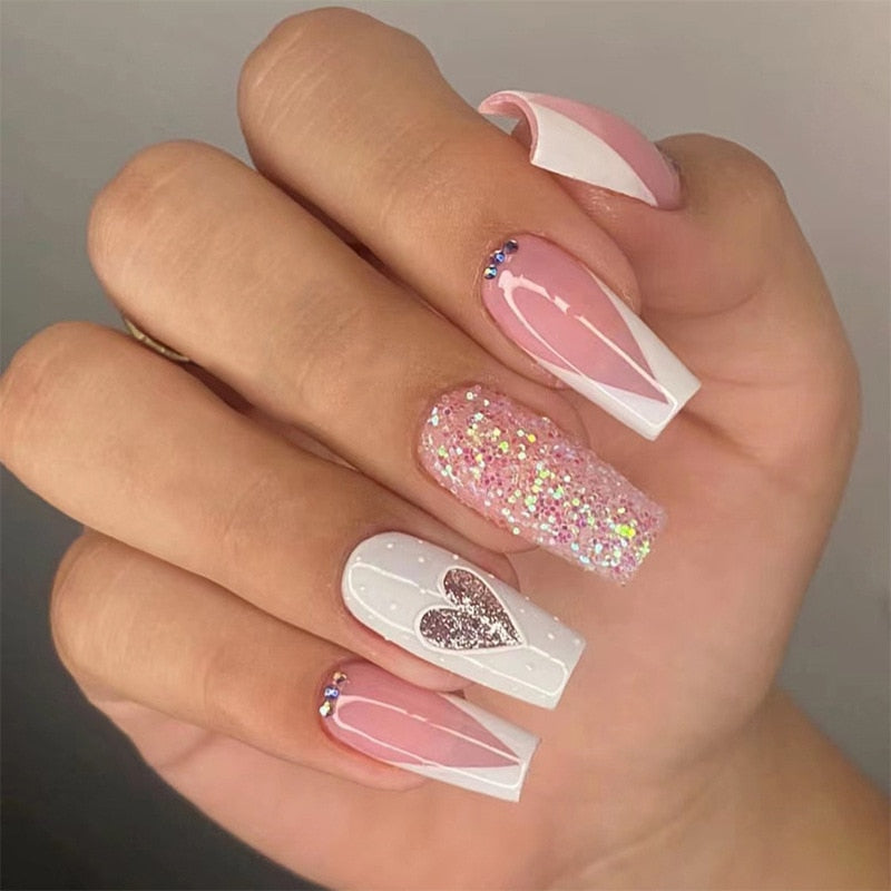 Detachable Manicure Wearable Nail Art Press On Nails purple Glitter French False Nails Long Coffin Fake Nails Full Cover Tips